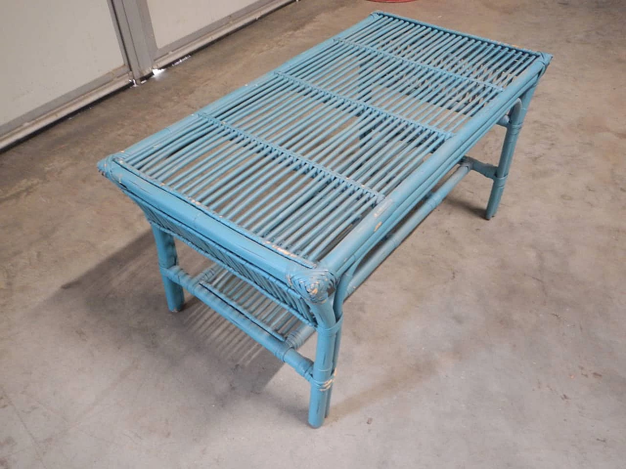 Coloured rattan coffee table with shelf, 1970s 2