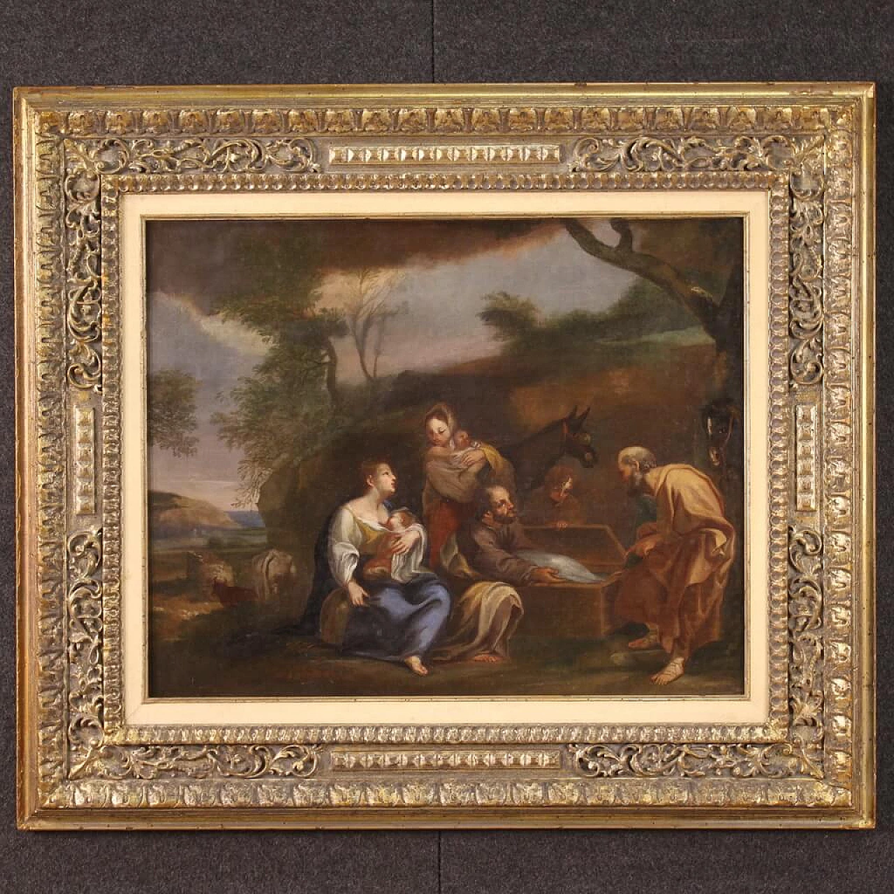 Landscape painting with bucolic scene, oil on canvas, 18th century 2