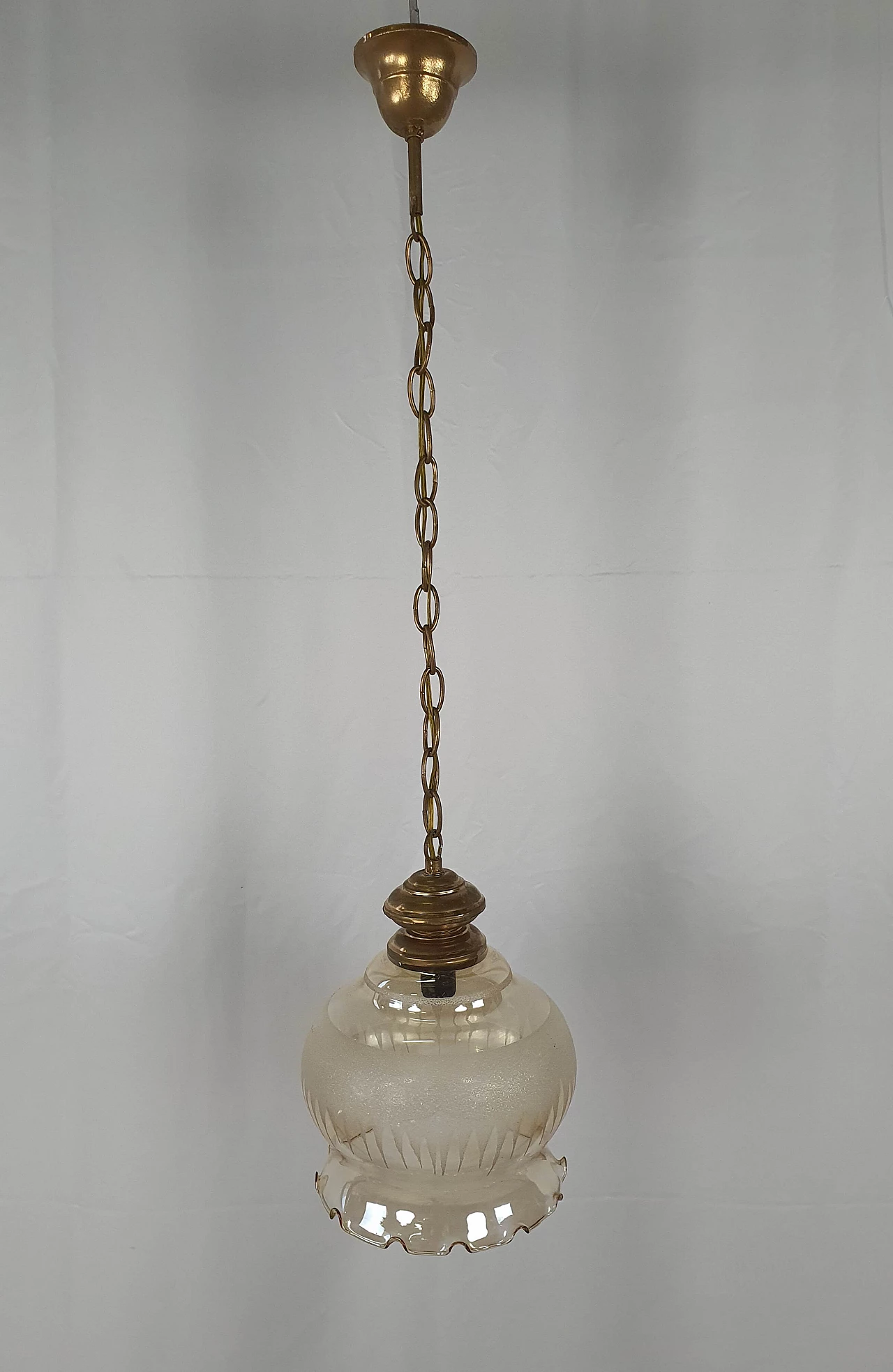 Brass chandelier with worked glass shade, 1960s 1