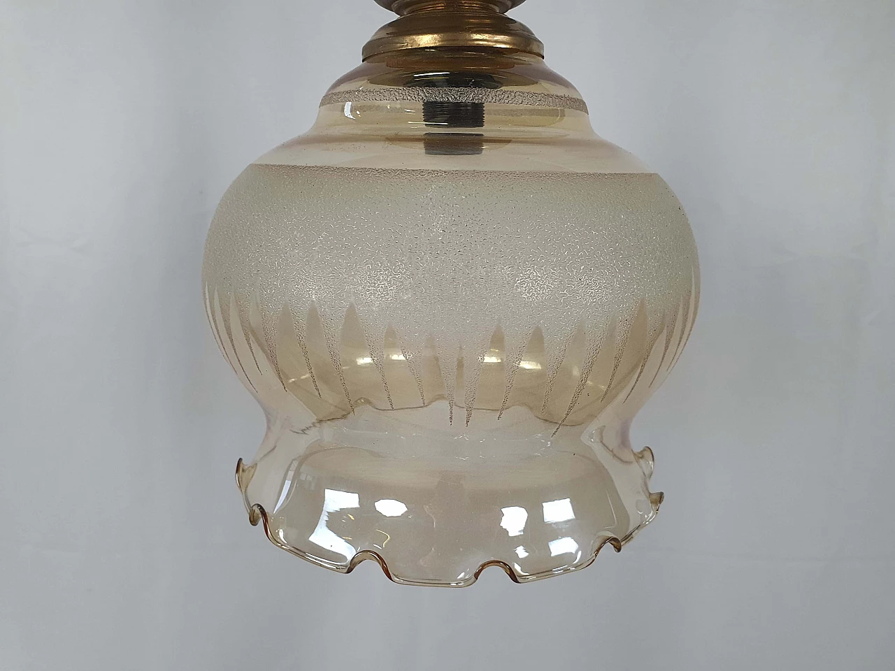 Brass chandelier with worked glass shade, 1960s 2