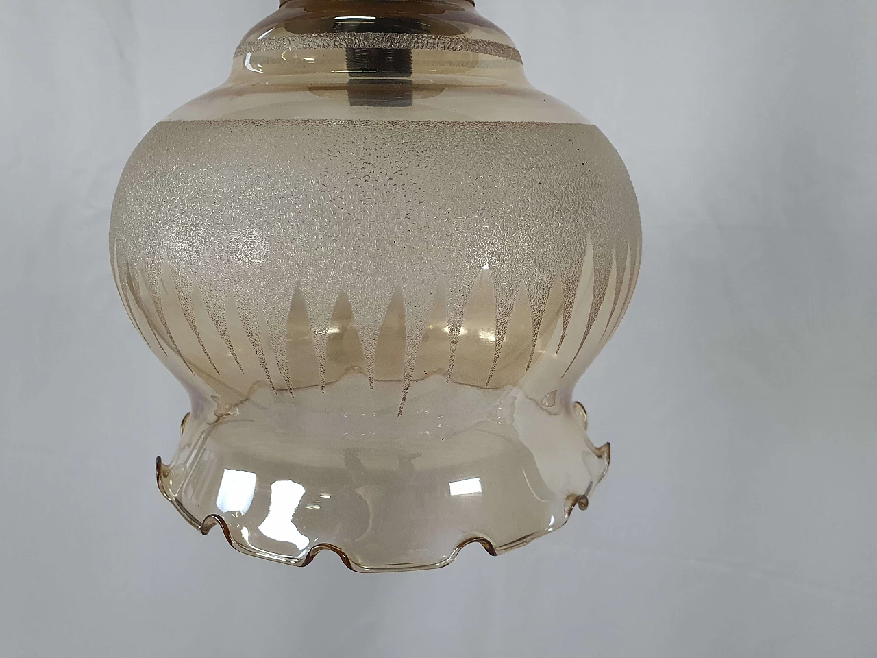 Brass chandelier with worked glass shade, 1960s 3