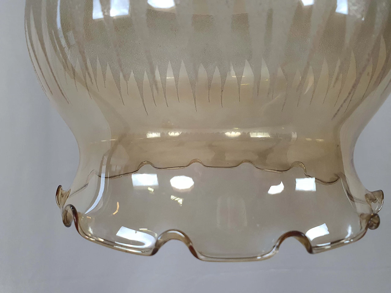 Brass chandelier with worked glass shade, 1960s 4