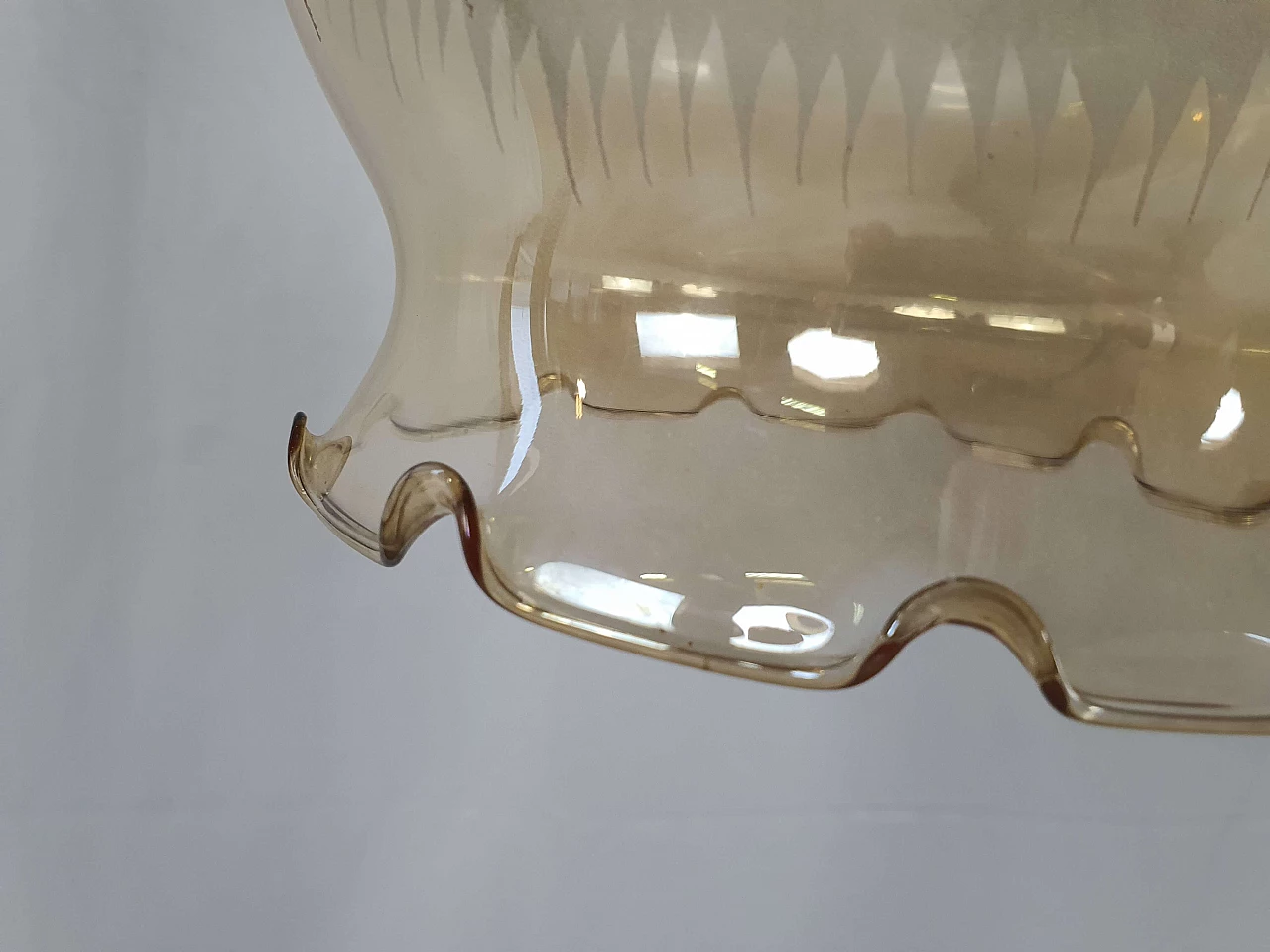 Brass chandelier with worked glass shade, 1960s 6