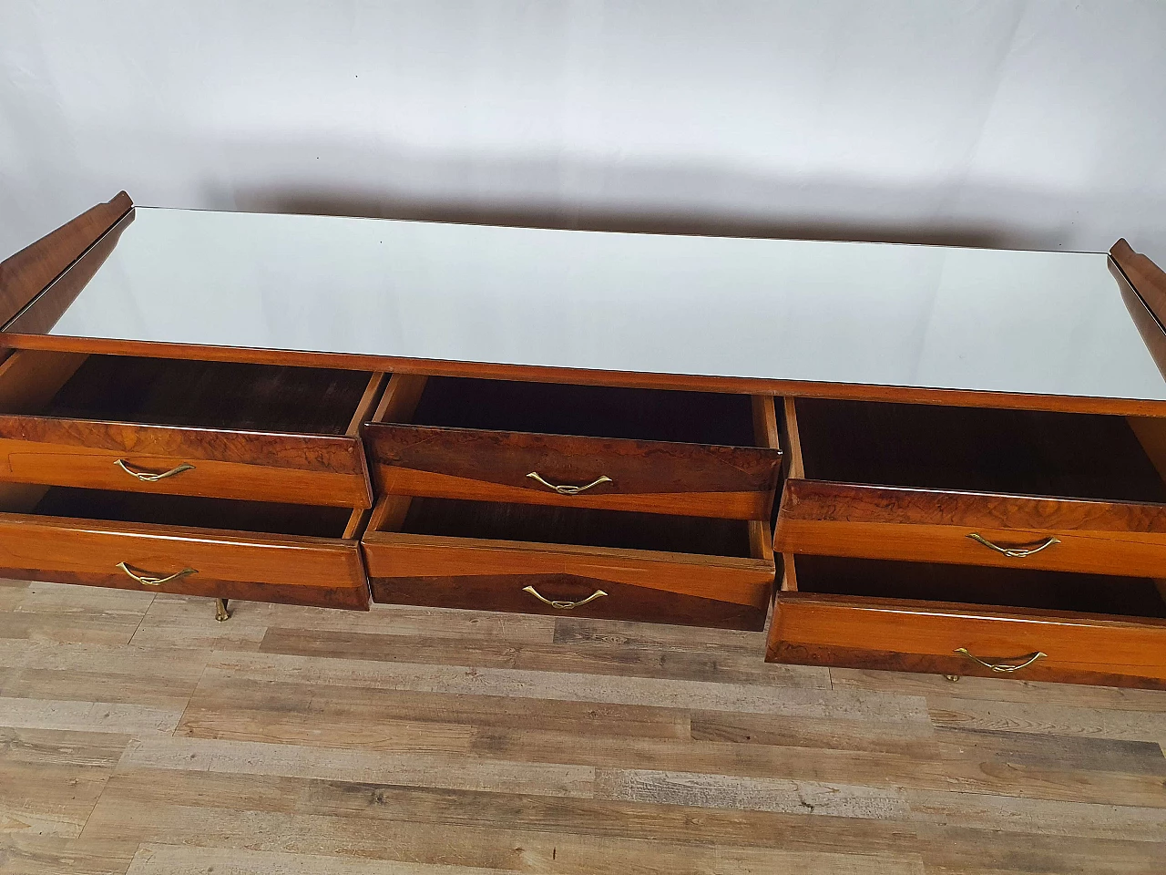 Wooden chest of drawers with mirrored top, 1950s 25