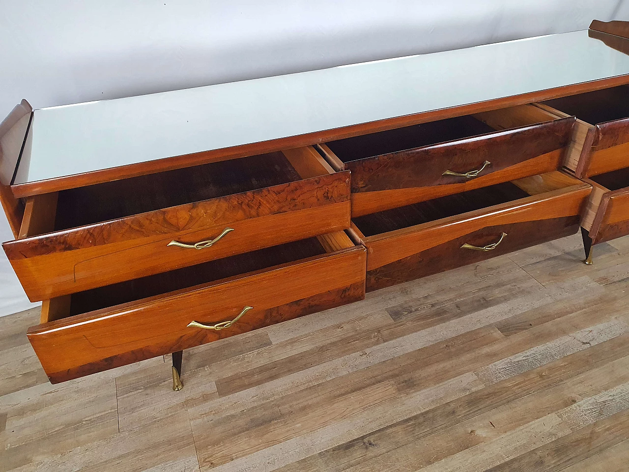 Wooden chest of drawers with mirrored top, 1950s 26