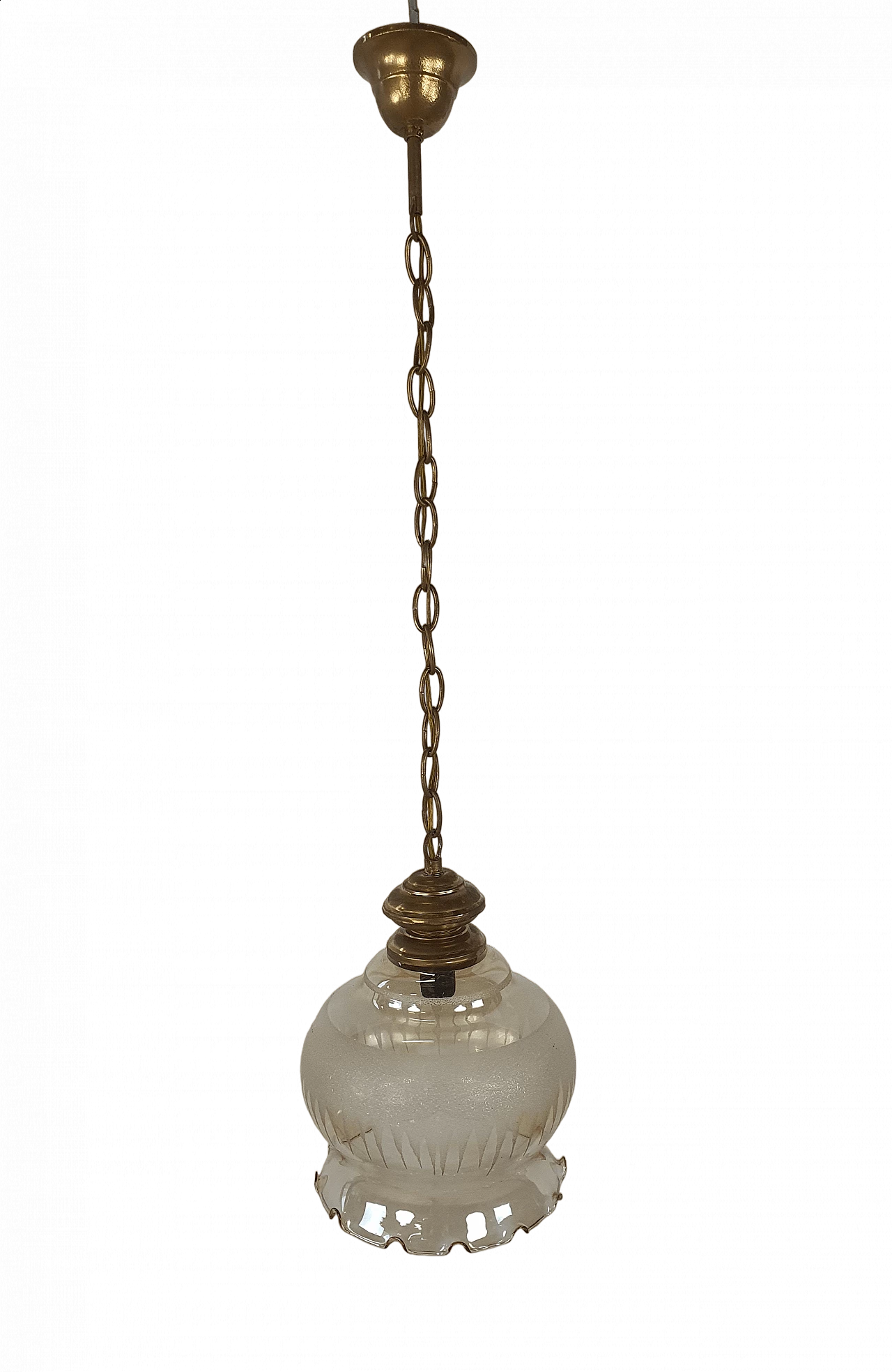 Brass chandelier with worked glass shade, 1960s 18