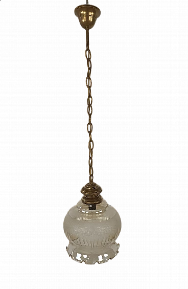 Brass chandelier with worked glass shade, 1960s