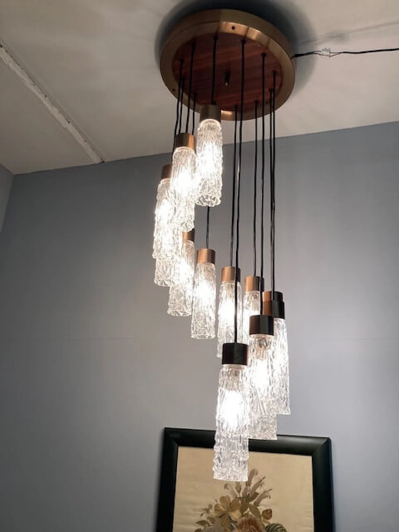 Lampadario in metallo, teak e vetro di Murano, anni '70 2