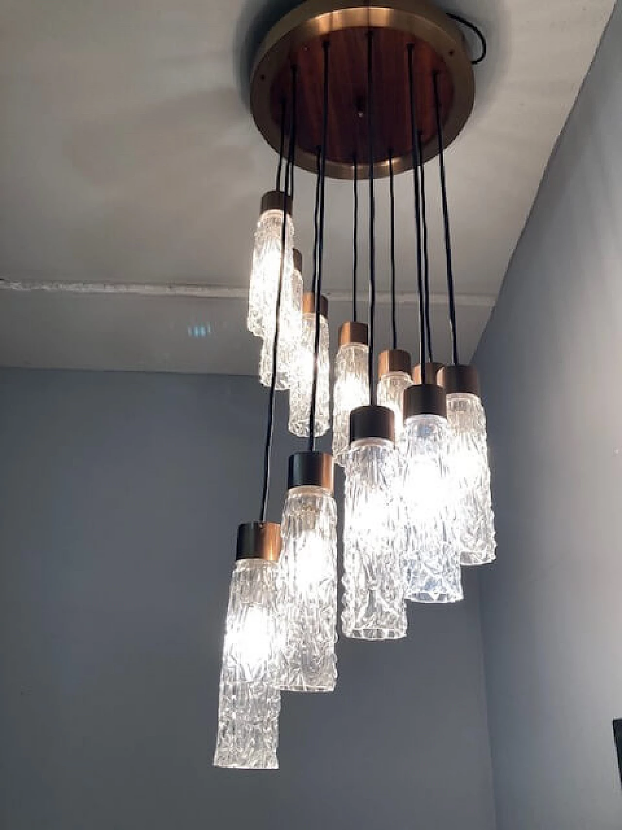 Lampadario in metallo, teak e vetro di Murano, anni '70 3