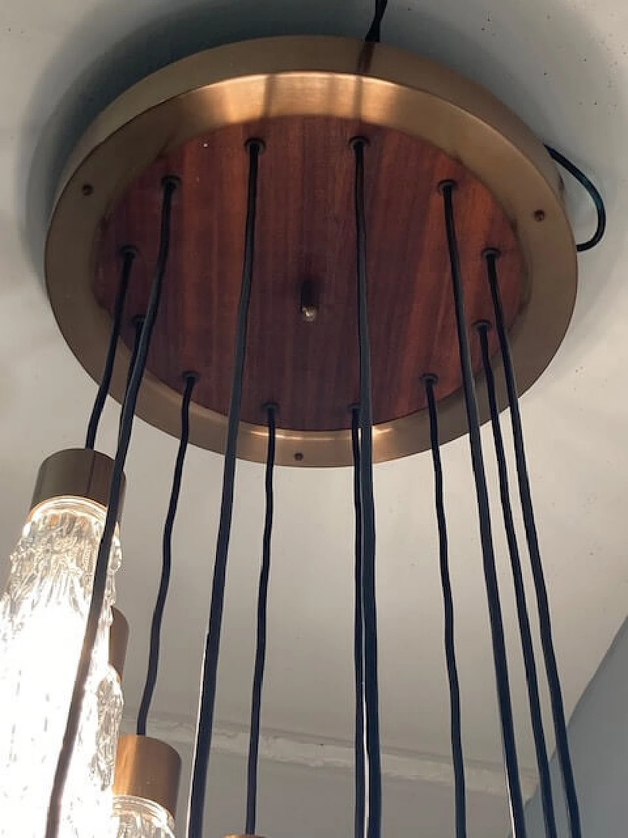 Lampadario in metallo, teak e vetro di Murano, anni '70 5