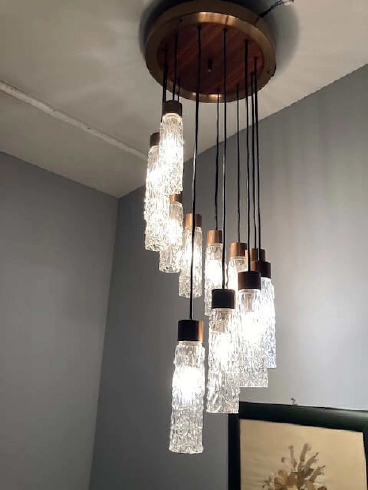 Lampadario in metallo, teak e vetro di Murano, anni '70 8