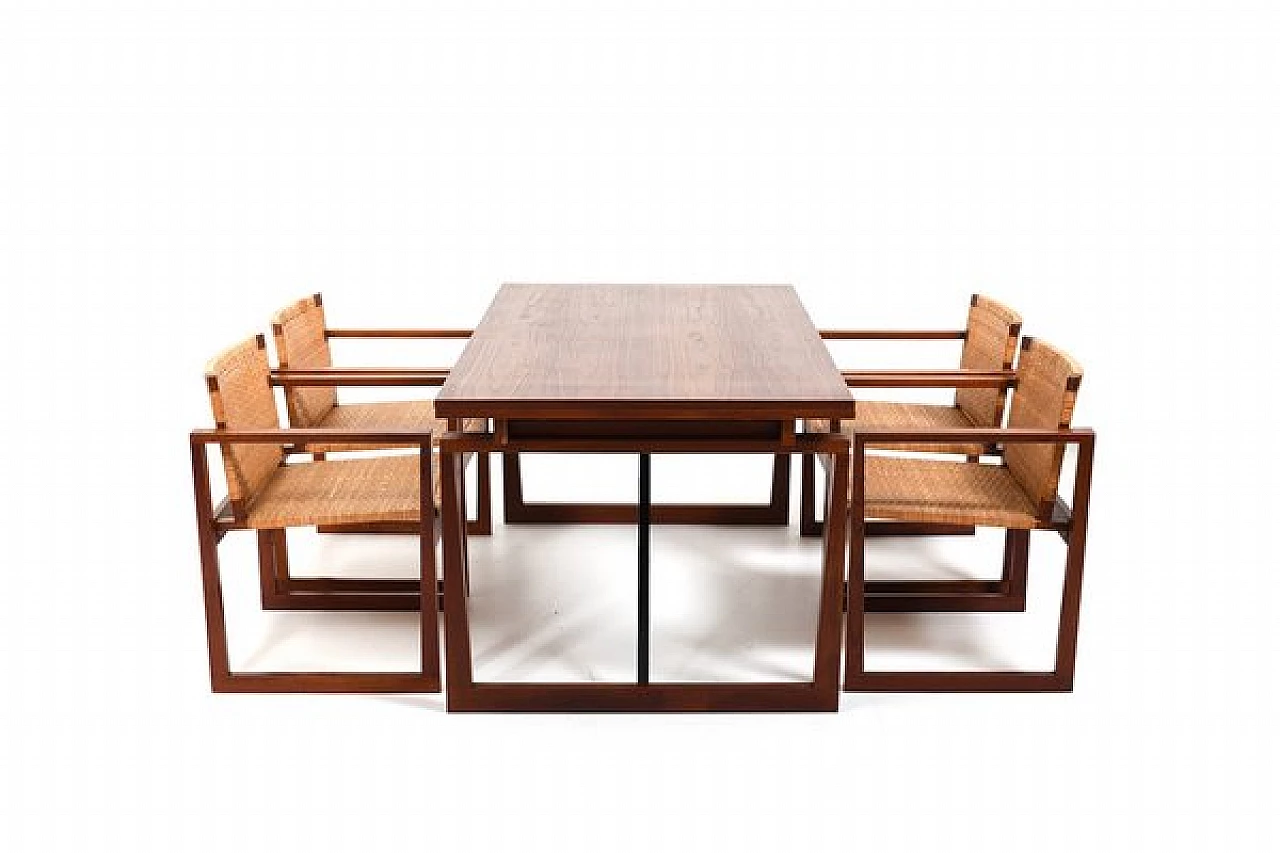 4 Chairs and table in teak and cane, 1960s 1