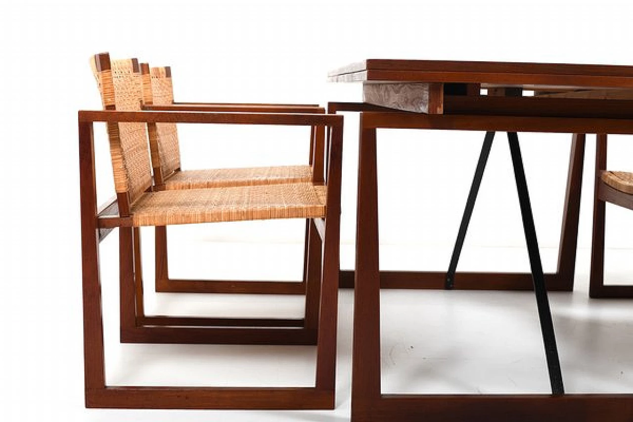 4 Chairs and table in teak and cane, 1960s 3