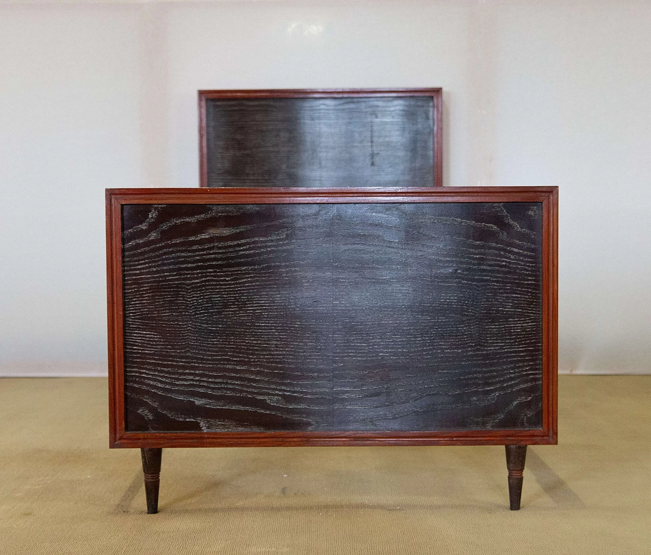 Oak single bed with burgundy-stained borders, 1940s 2