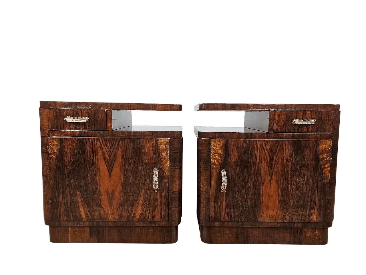 Pair of Art Deco mahogany bedside tables, 1940s 38