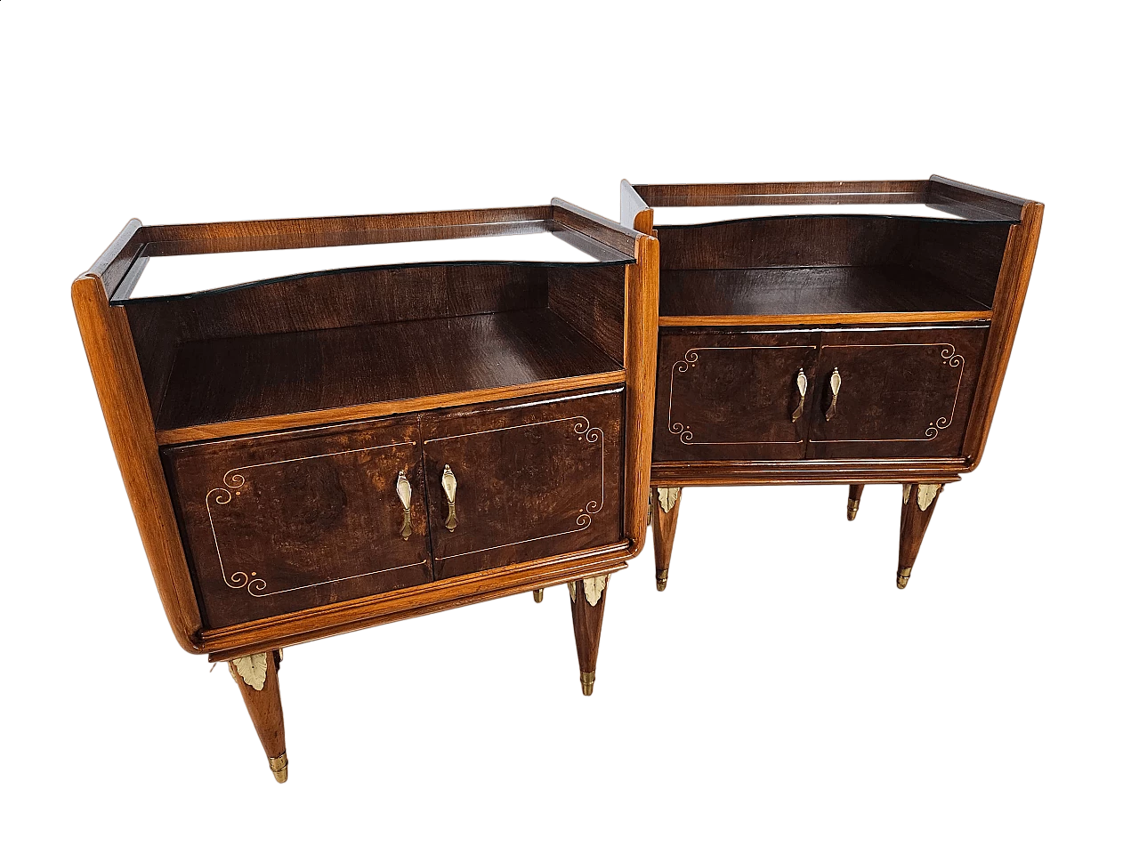 Pair of walnut and maple bedside tables with glass shelf, 1950s 46