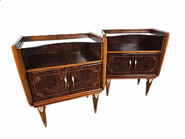 Pair of walnut and maple bedside tables with glass shelf, 1950s