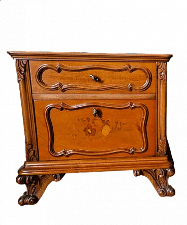 National walnut Versailles bedside table with floral inlay