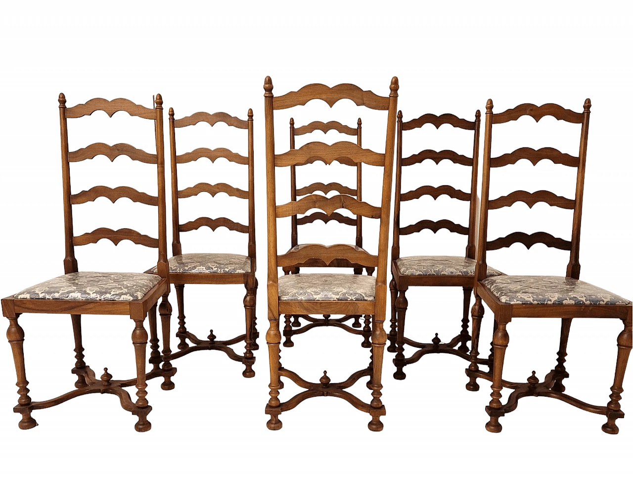 6 Chairs in solid national walnut and damask velvet 5