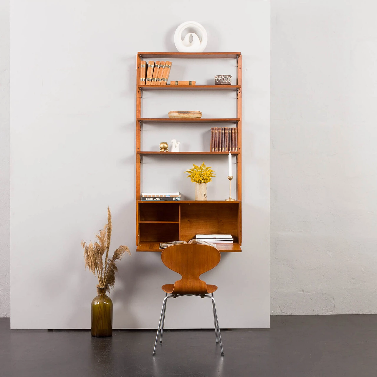 Hanging teak bookcase with desk in the style of Cadovius and Sorensen, 1970s 1