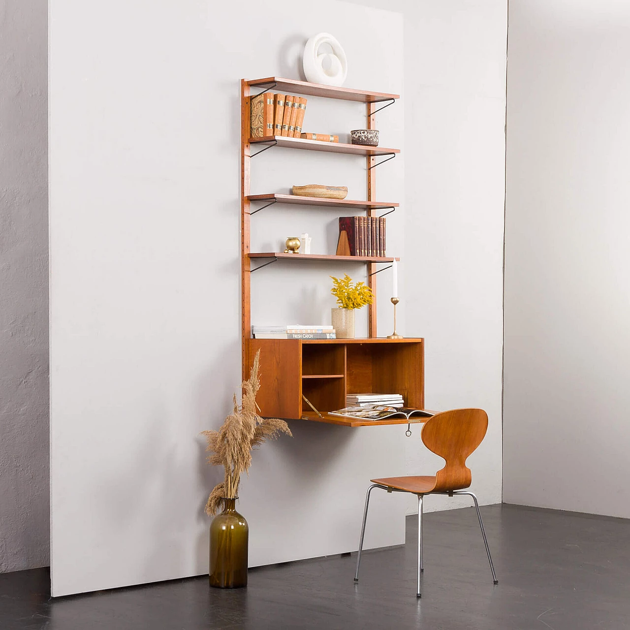 Hanging teak bookcase with desk in the style of Cadovius and Sorensen, 1970s 2