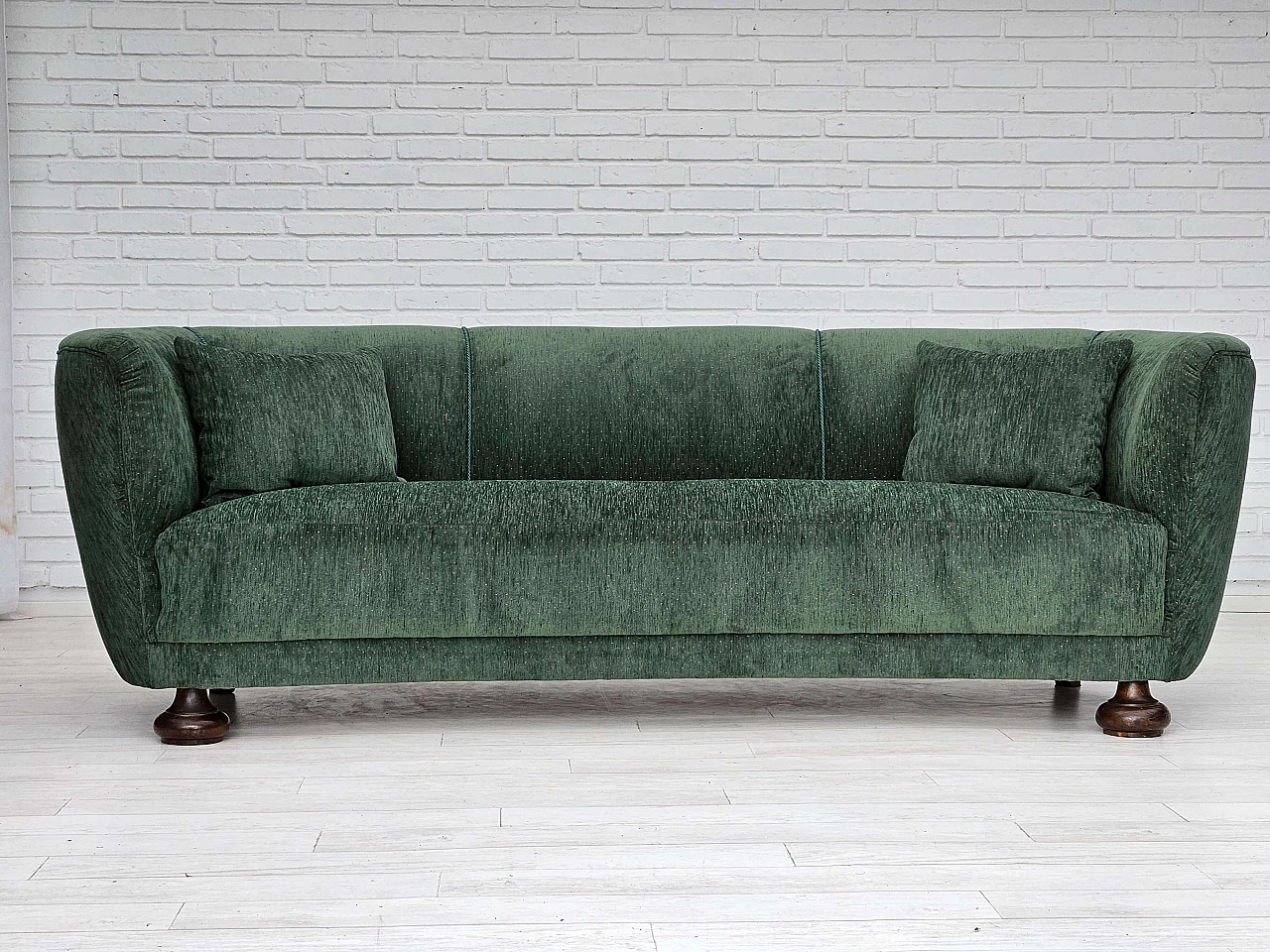 Danish three-seater ash and green velvet sofa, 1960s 1