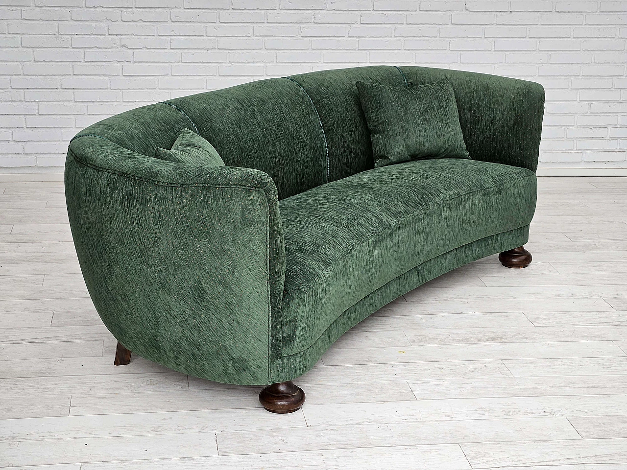 Danish three-seater ash and green velvet sofa, 1960s 2