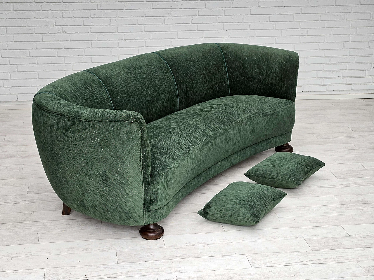 Danish three-seater ash and green velvet sofa, 1960s 3