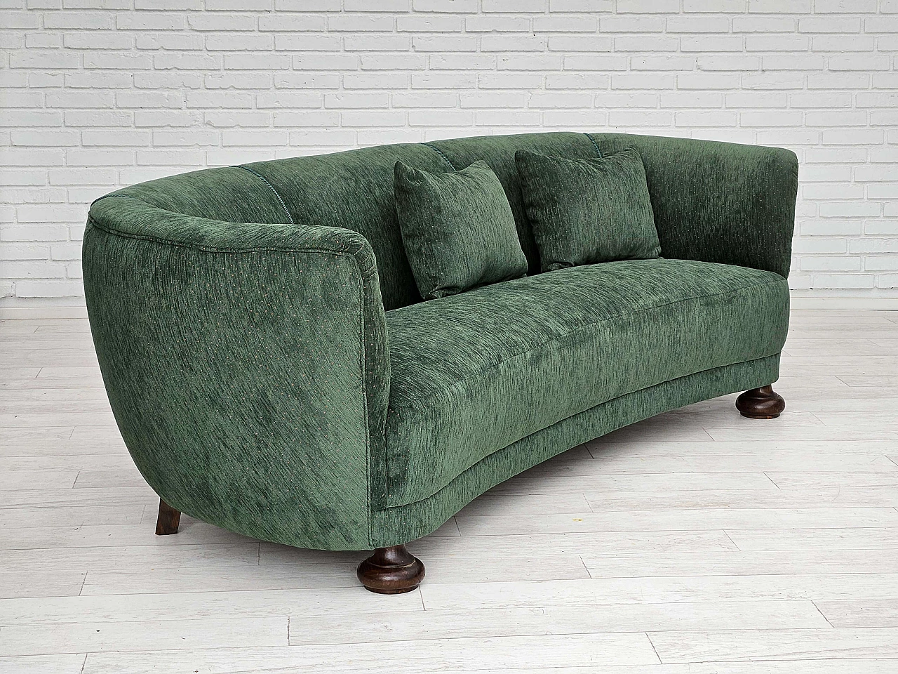 Danish three-seater ash and green velvet sofa, 1960s 4