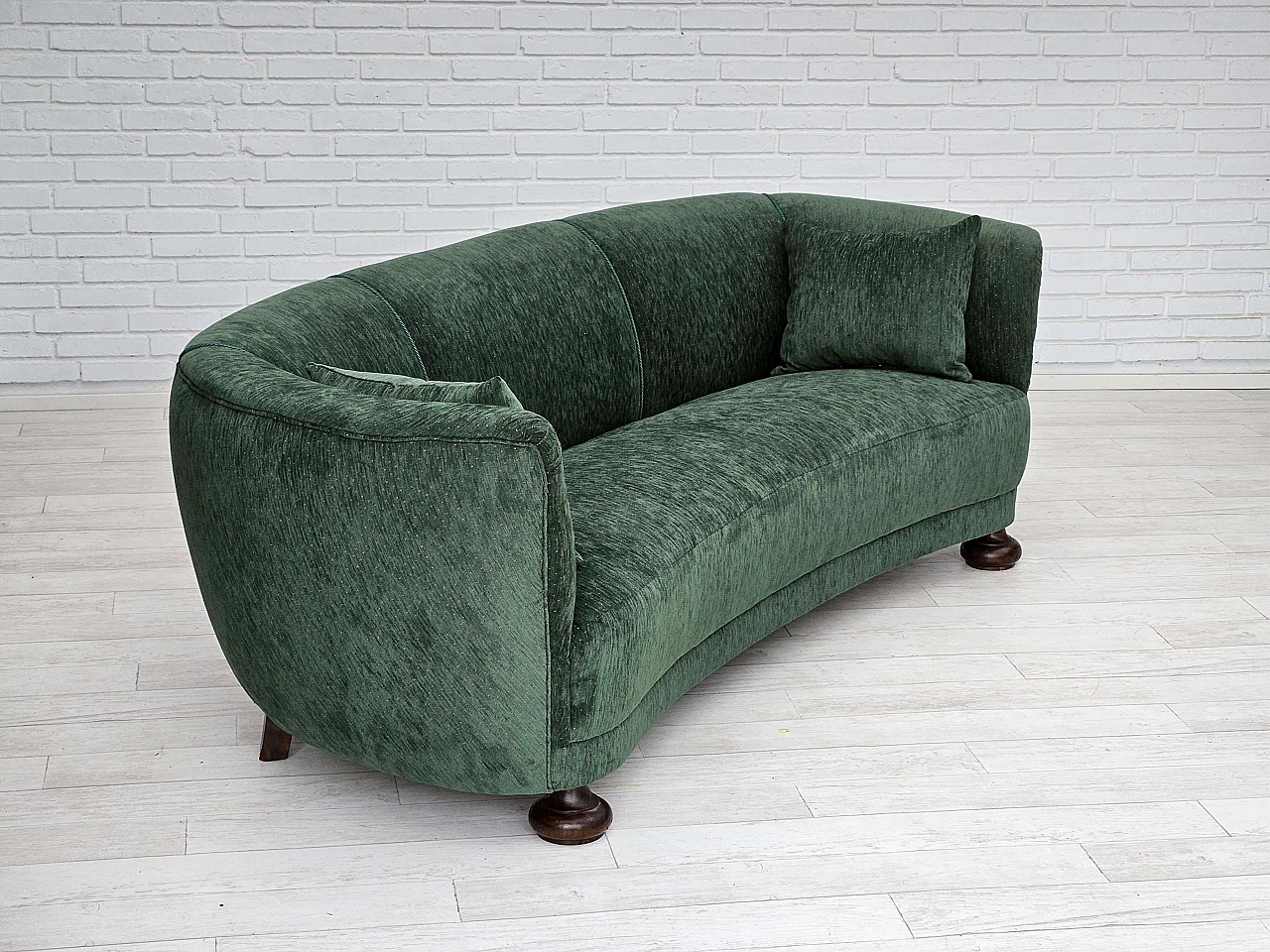 Danish three-seater ash and green velvet sofa, 1960s 5