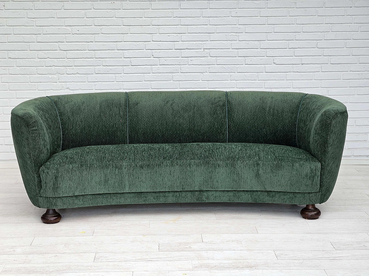 Danish three-seater ash and green velvet sofa, 1960s 7