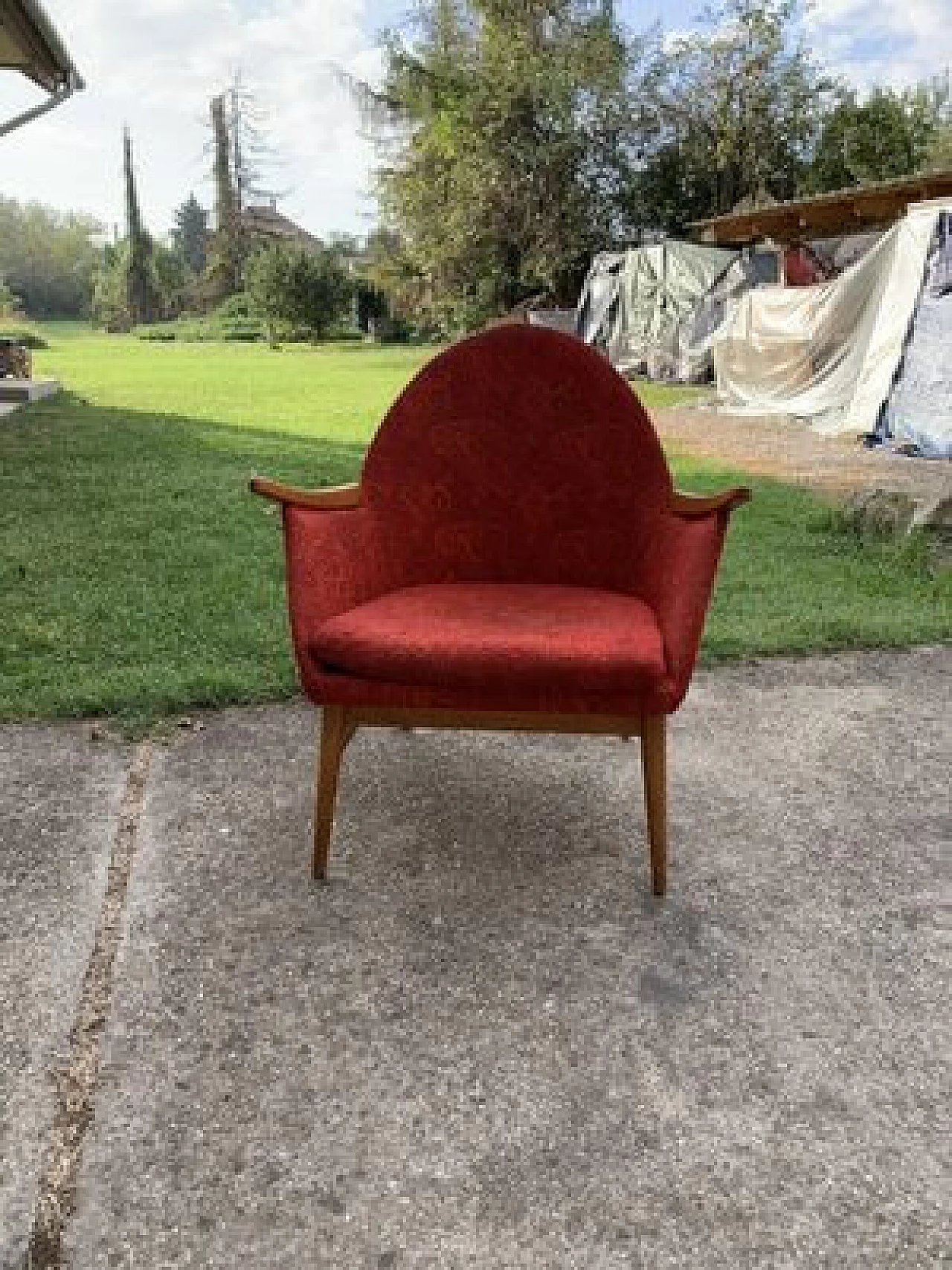 Scandinavian style wood and red fabric armchair, 1960s 1