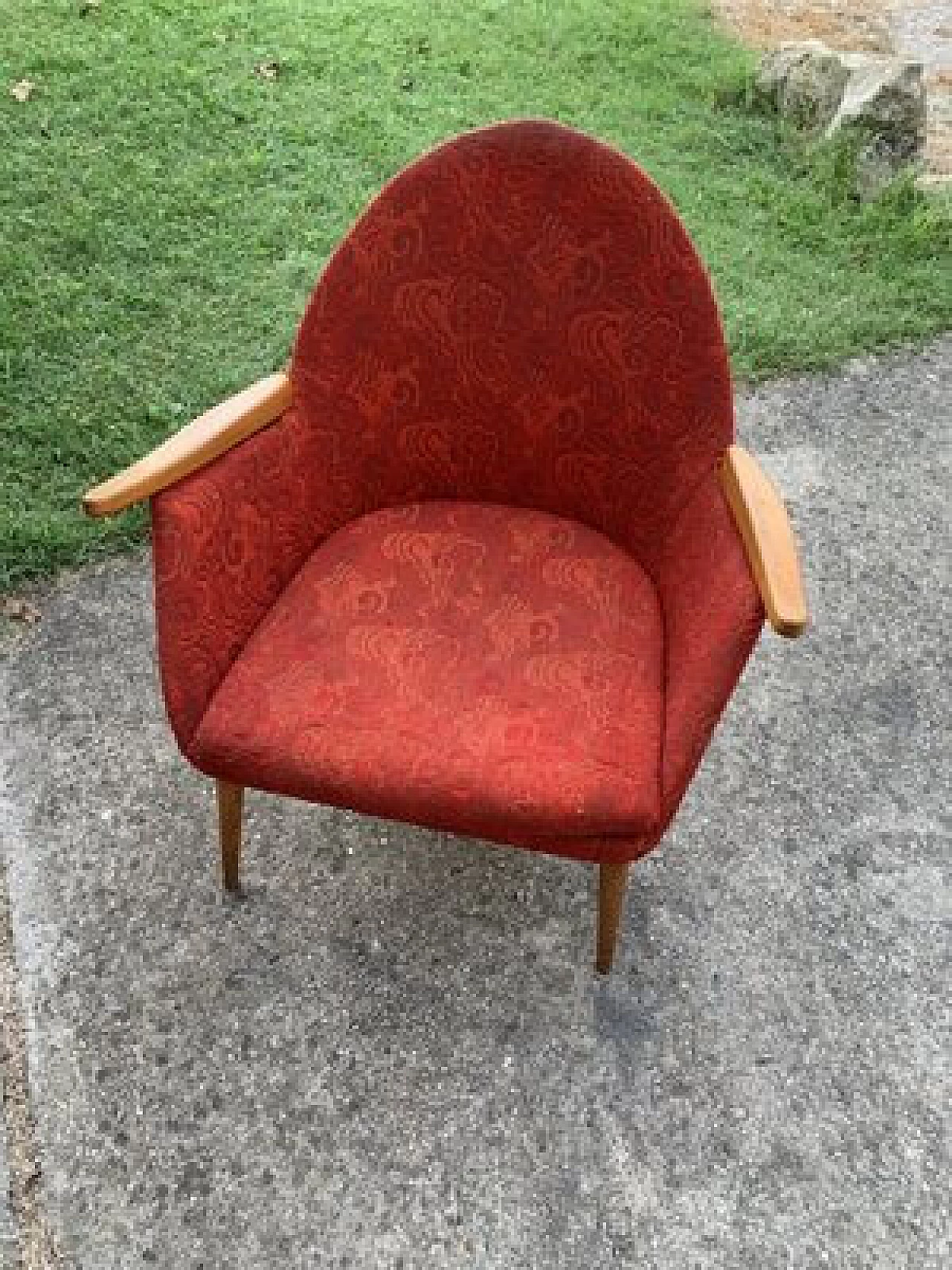 Scandinavian style wood and red fabric armchair, 1960s 2