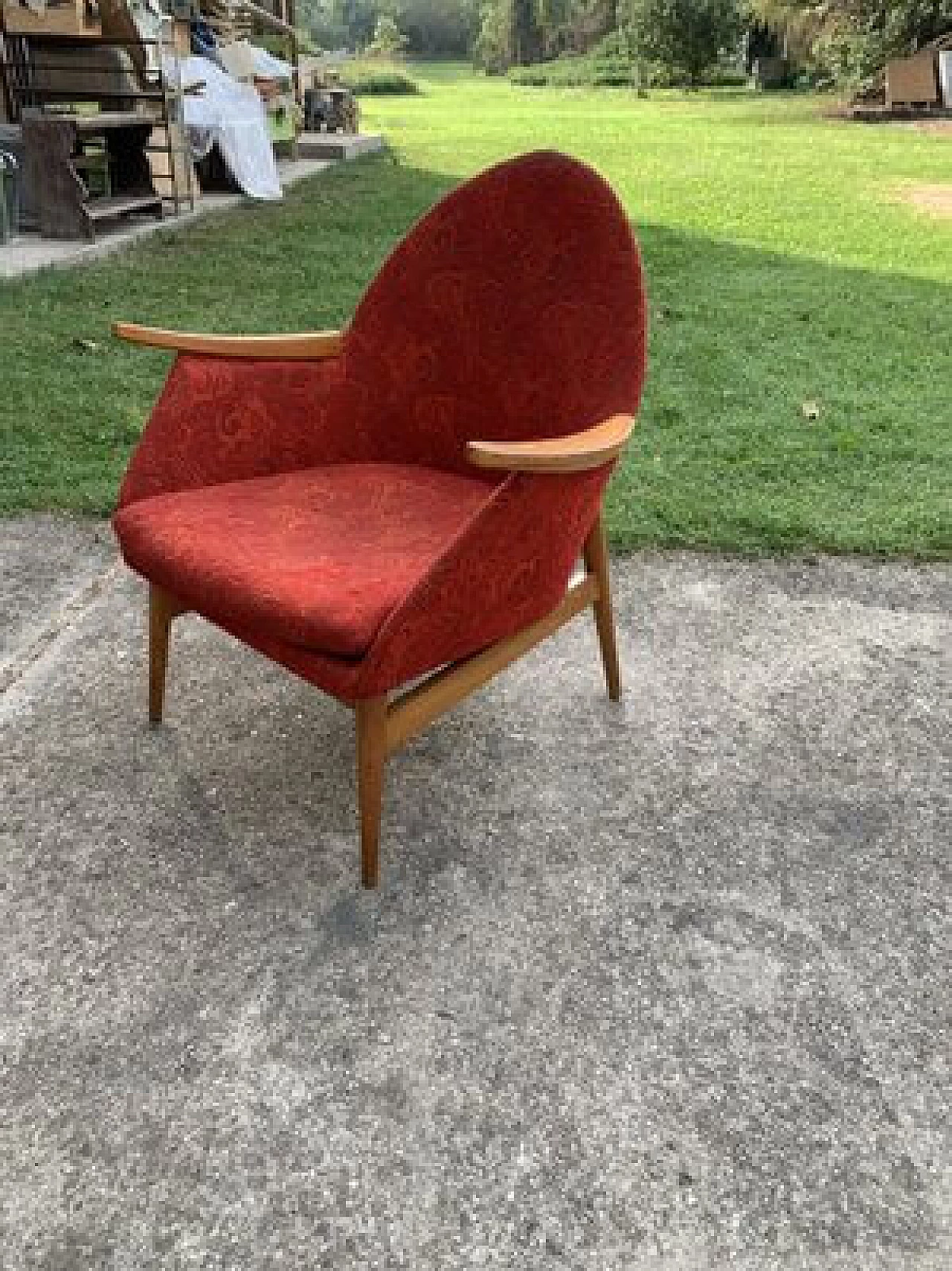 Scandinavian style wood and red fabric armchair, 1960s 3