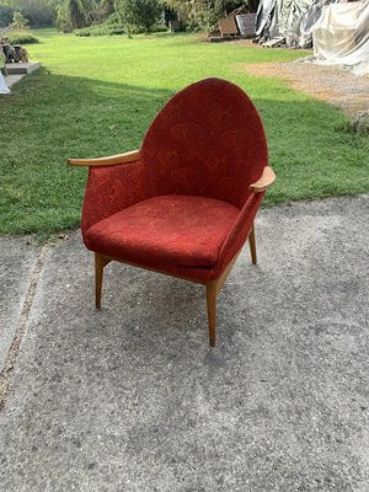 Scandinavian style wood and red fabric armchair, 1960s 4