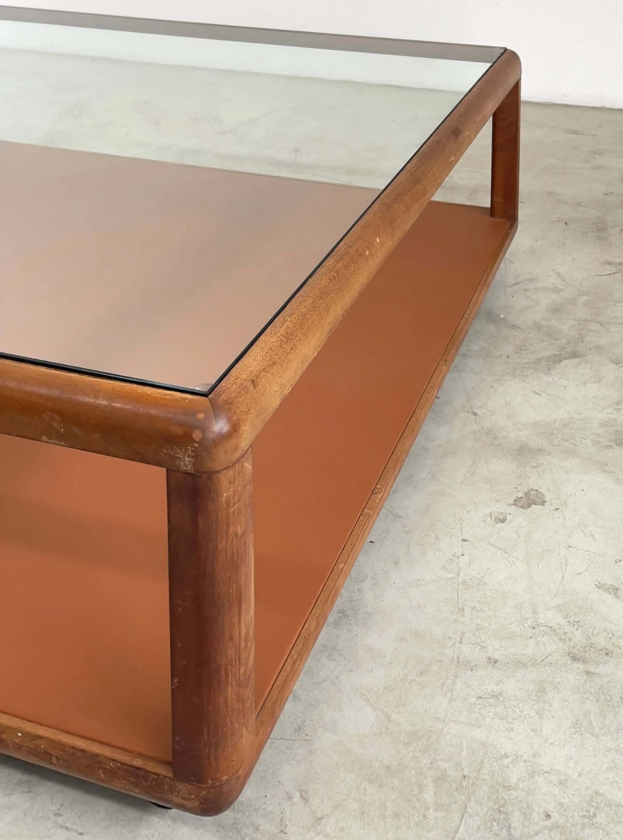 Walnut coffee table with glass top and leather base by Tecno, 1960s 3