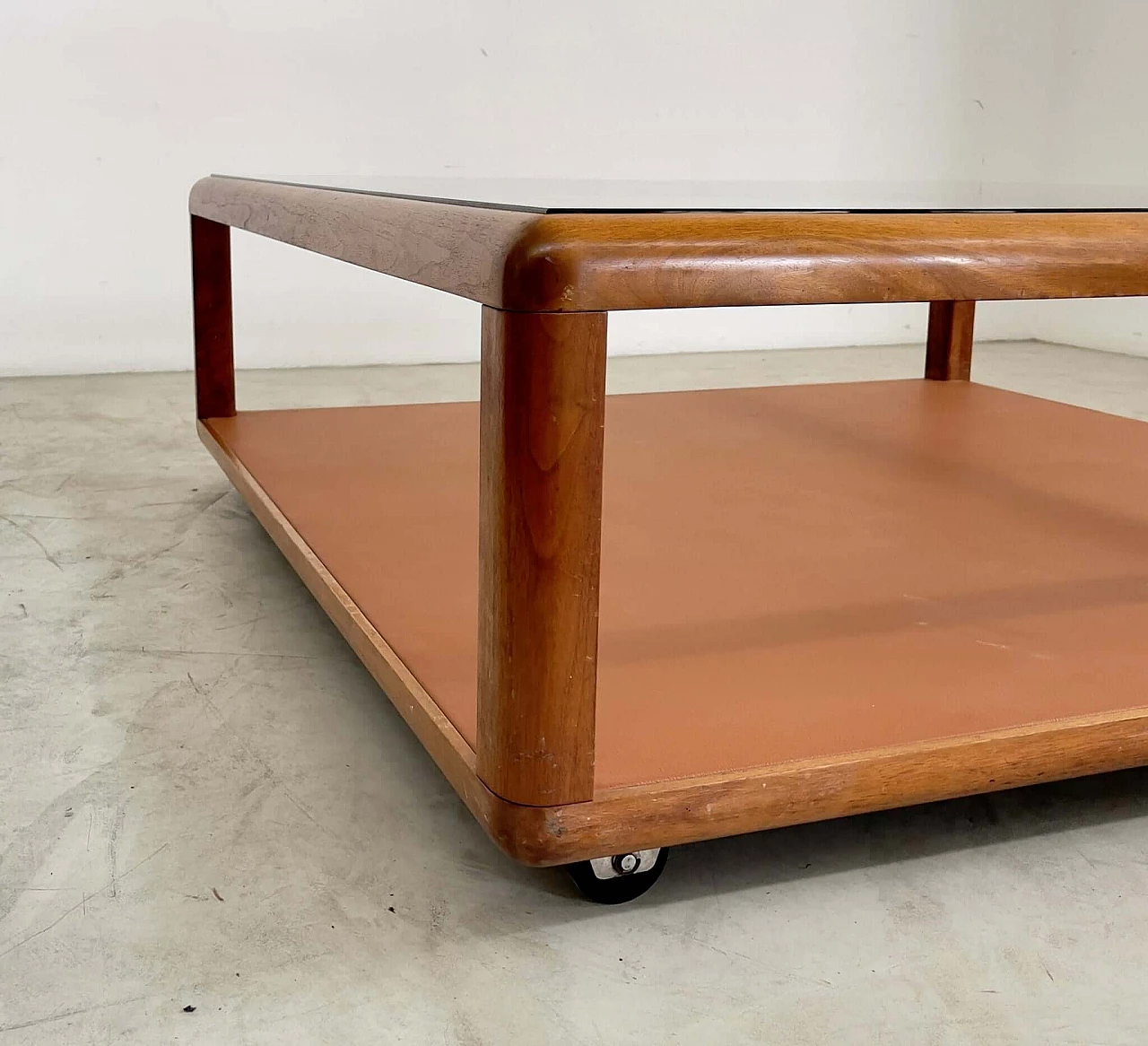 Walnut coffee table with glass top and leather base by Tecno, 1960s 4