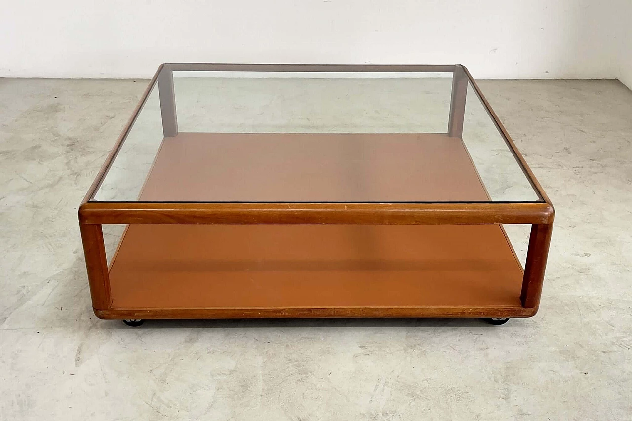 Walnut coffee table with glass top and leather base by Tecno, 1960s 6