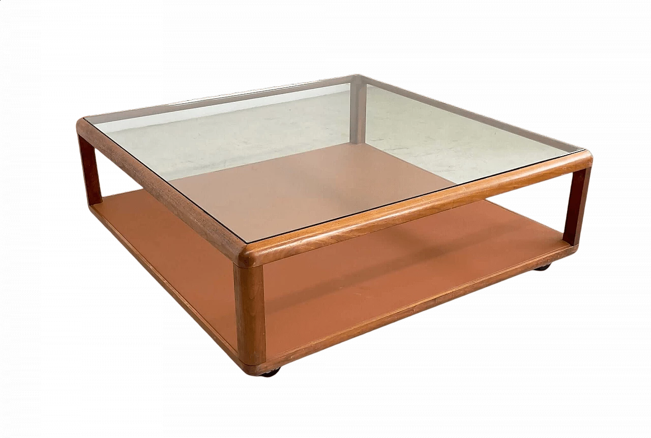 Walnut coffee table with glass top and leather base by Tecno, 1960s 7