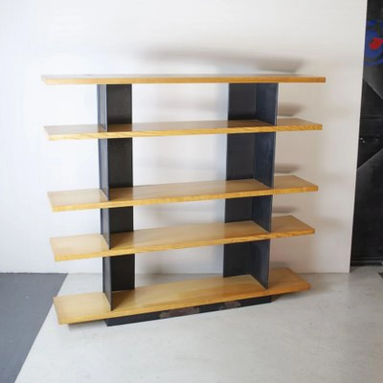 Modernist Foltern shelves with black steel plate brackets by Charlotte Perriand, 1970s 2