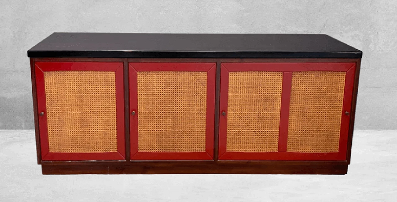 Rosewood, red lacquer and Vienna straw sideboard, 1970s 3