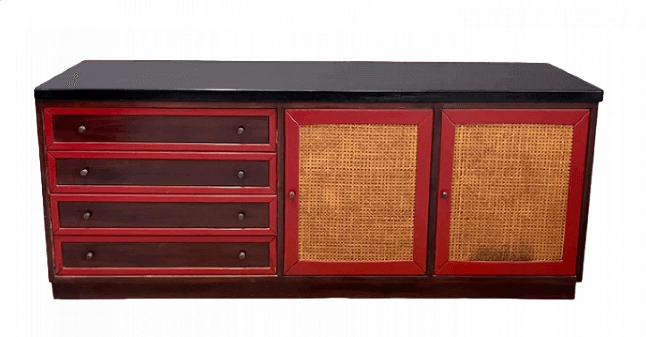 Rosewood, red lacquer and Vienna straw sideboard, 1970s 6