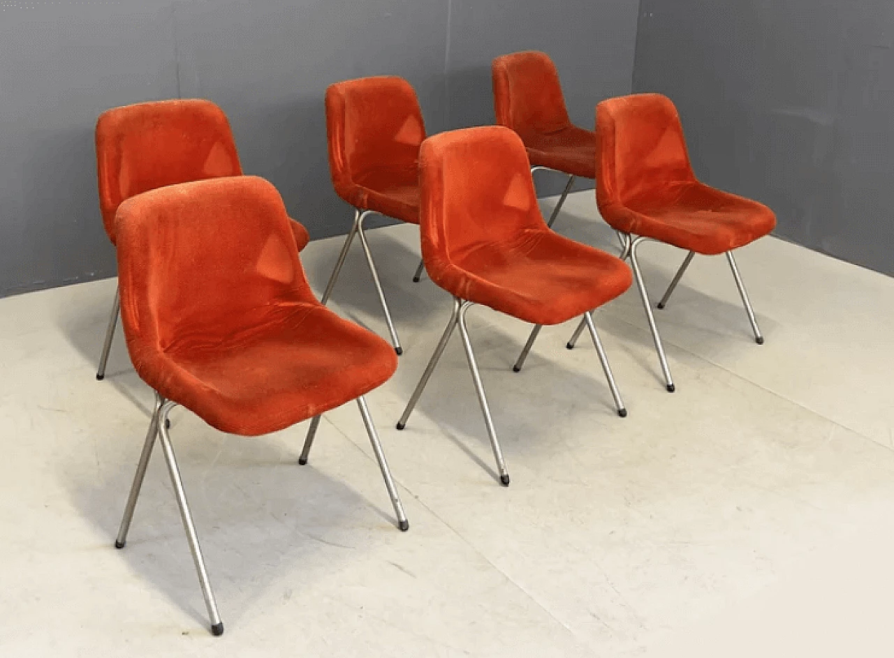 6 Chairs in chromed metal, plastic and red fabric, 1960s 1