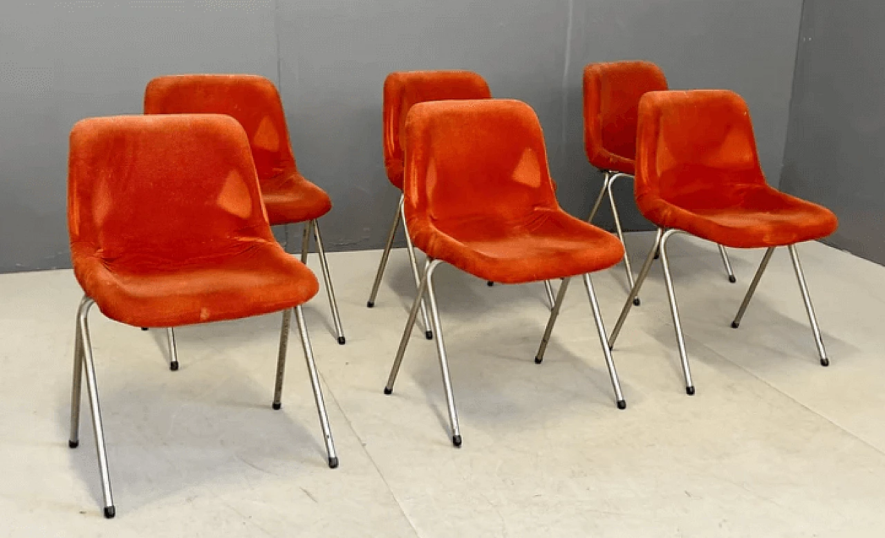 6 Chairs in chromed metal, plastic and red fabric, 1960s 2