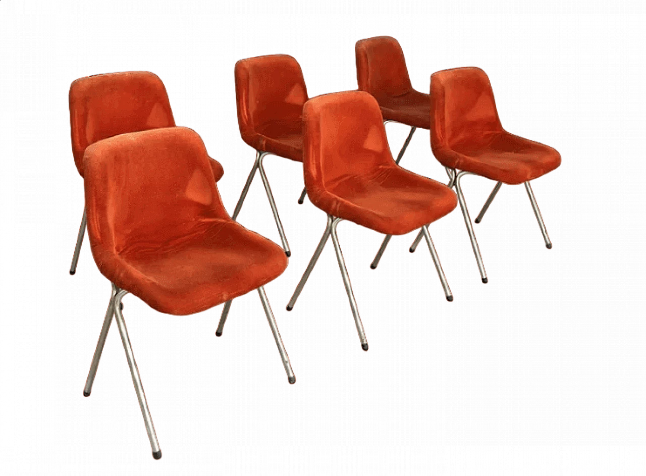 6 Chairs in chromed metal, plastic and red fabric, 1960s 5