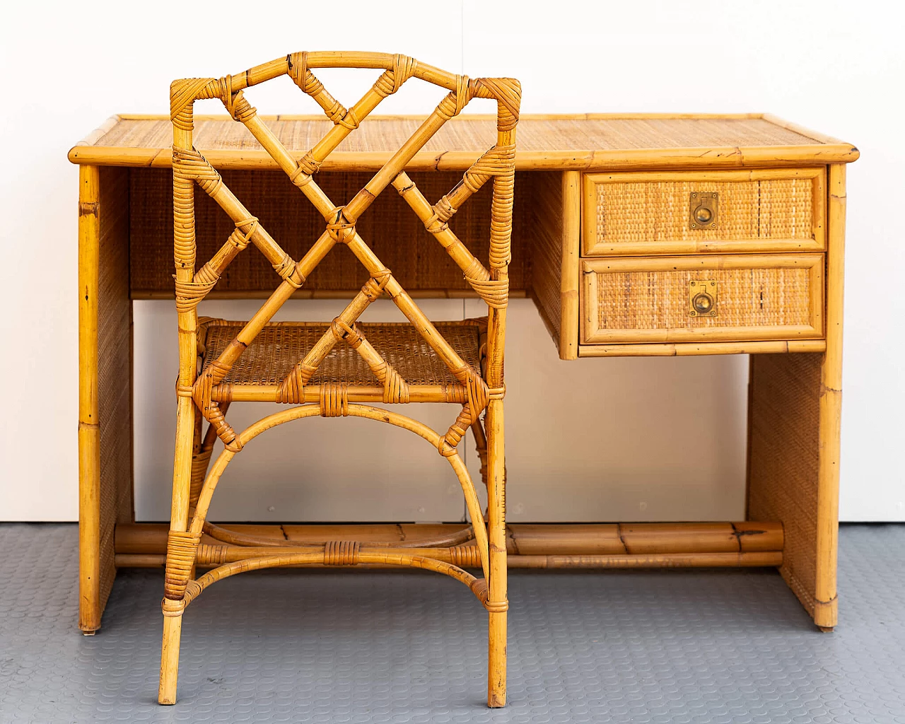 Desk and chair in bamboo, wicker and Vienna straw, 1970s 10