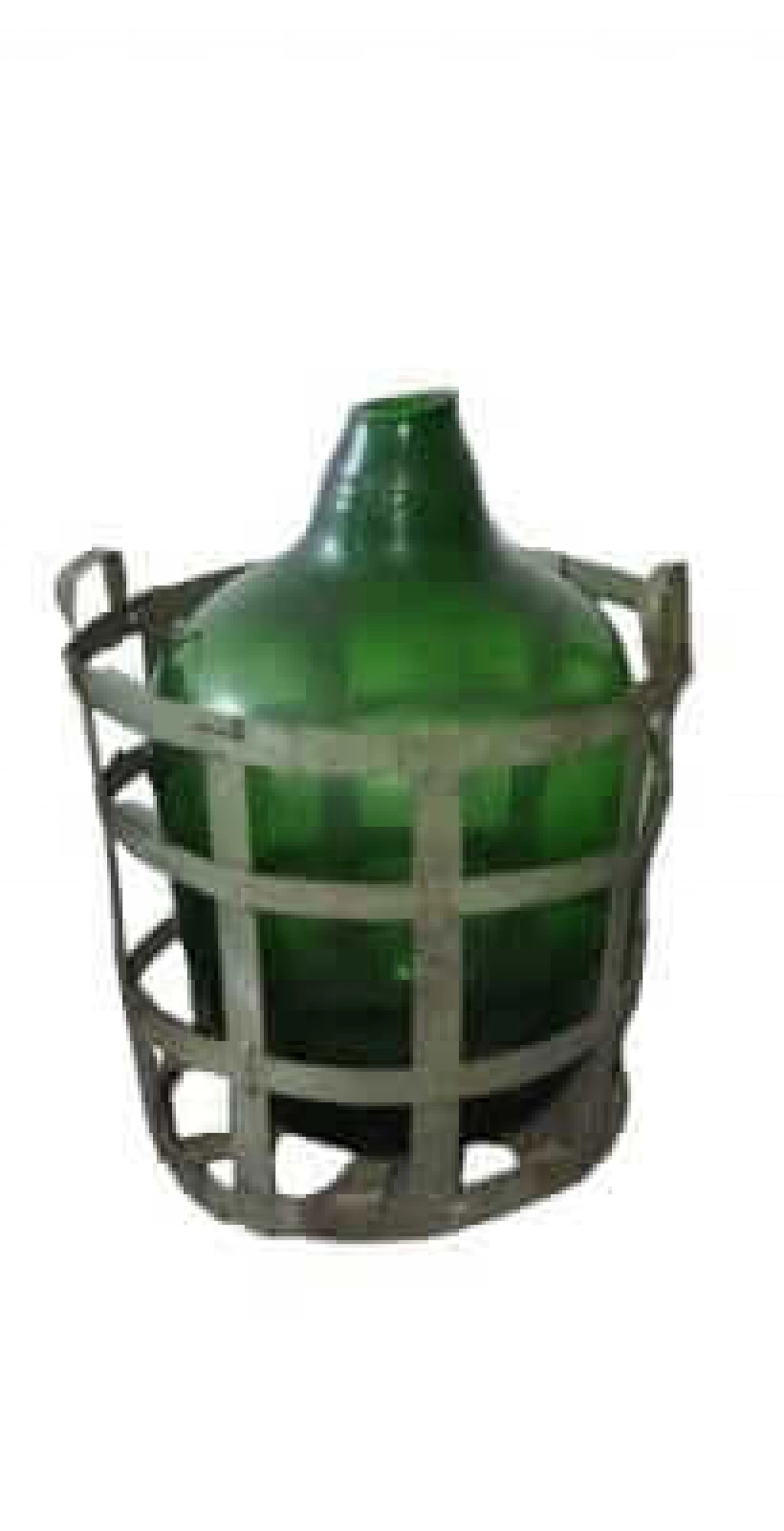 Blown green glass bottle with metal basket 7