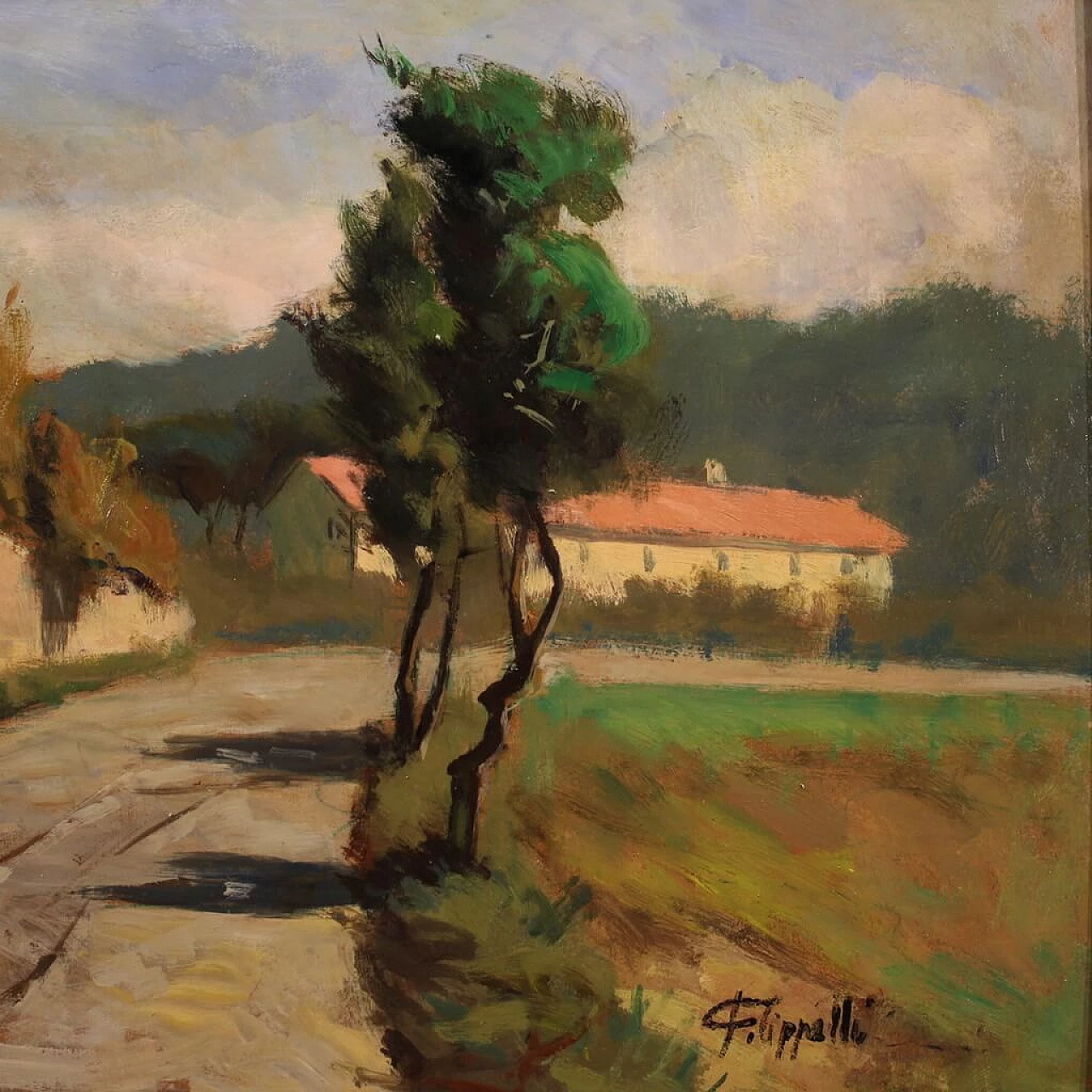 Cafiero Filippelli, paesaggio di campagna, dipinto a olio su masonite 3