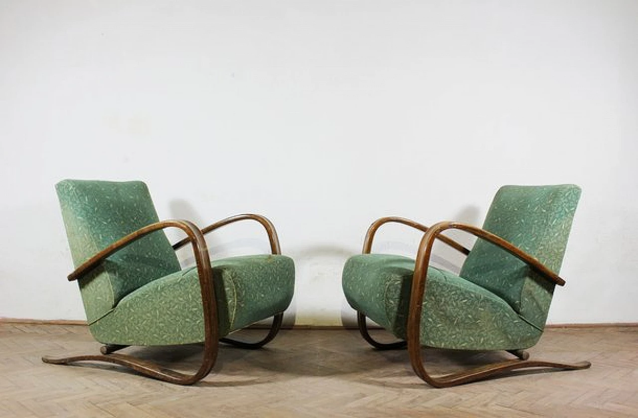 Pair of H-2269 armchairs in wood and fabric by Jindrich Halabala, 1930s 1