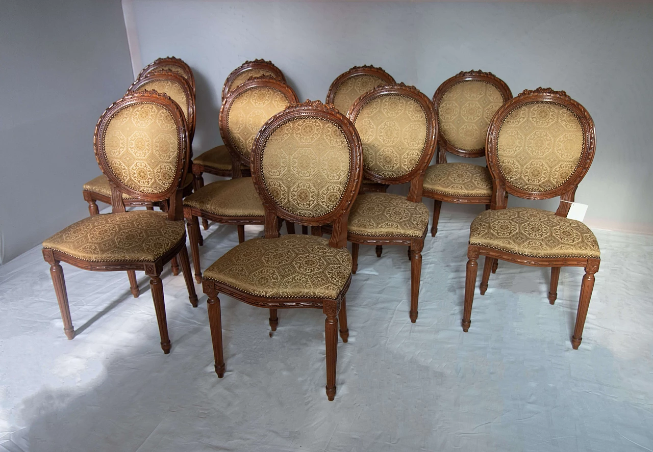 10 Solid walnut chairs in Louis XVI style with turned legs, early 20th century 10